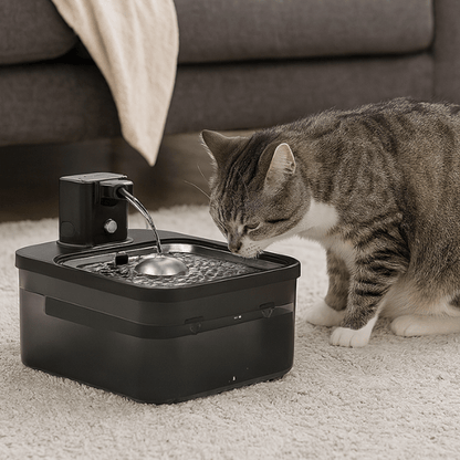 Fontaine eau chat avec félin qui boit dans salon hydratation saine Olyss™