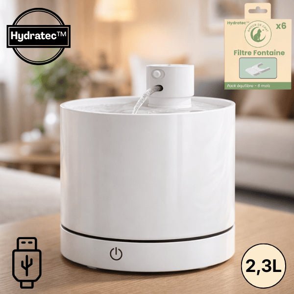 Fontaine eau chat sans fil 2,3 L blanche  à capteur et USB-C avec pack filtre x6 - Hydratec™