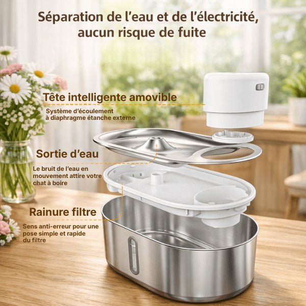 Fontaine eau chat sans fil séparant eau et électricité sans fuite