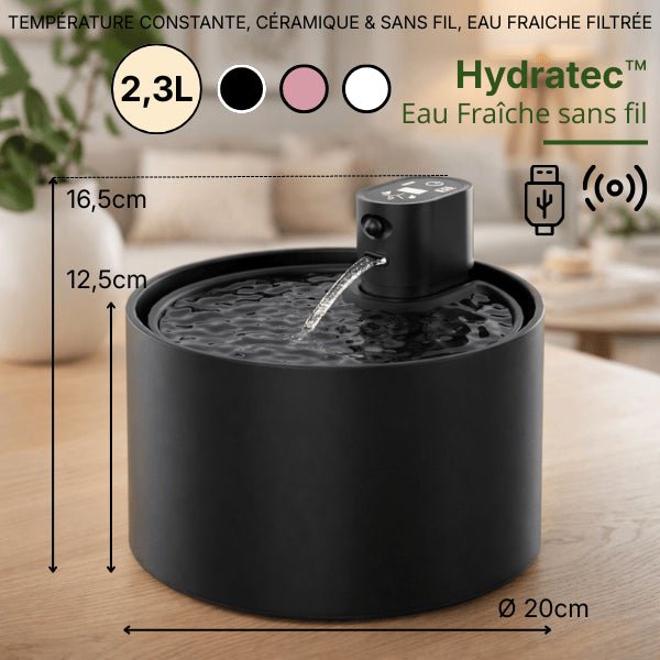 Fontaine pour chat céramique sans fil noire 2,3 L avec dimensions détaillées et capteur de mouvement - Hydratec™