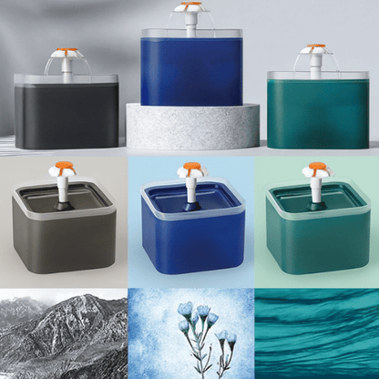 Fontaine pour chat trois couleurs : noir roche, bleu océan, vert emeraude, fleuron automatique PearlFlow™