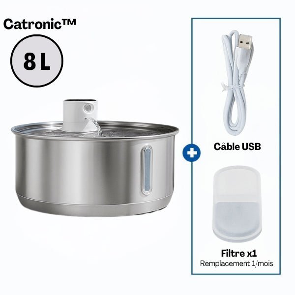 Fontaine pour chat grande capacité inox 9 litres sans fil avec filtre et câble  USB inclus Catronic™