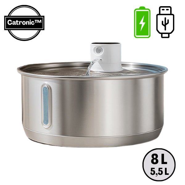 Fontaine pour chat en inox grande capacité 8 L sans fil à capteur intelligent - Catronic™