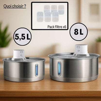 Fontaine pour chat grande capacité en inox sans fil de 5,5 et 8 L avec pack filtres - Catronic™