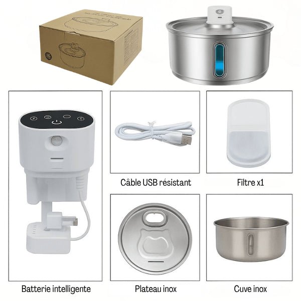 Fontaine pour chat inox sans fil intelligente avec contenu pack complet - Catronic™
