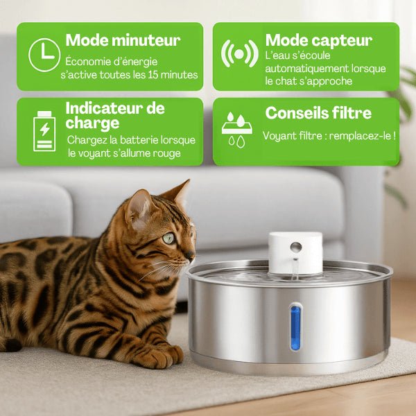 Fontaine pour chat intelligente sans fil : minuteur, capteur, indicateur de charge et filtre à remplacer - Catronic™