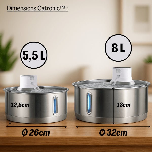 Fontaine pour chat grande capacité sans fil à capteur compactes avec dimensions 5,5 et 8 L - Catronic™