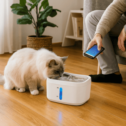 Fontaine pour chat programmable téléphone connectée et félin qui boit dans salon - AquaTech™