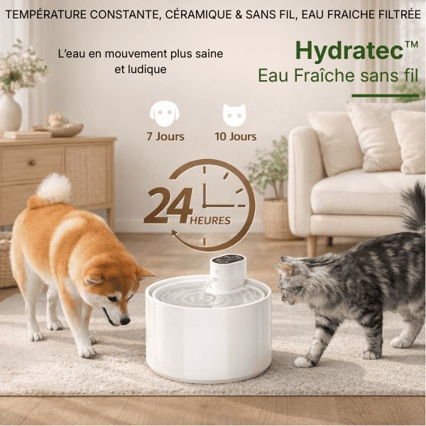 Fontaine pour chats céramique sans fil avec autonomie 7 à 10 pour chien et chat, eau en mouvement continue et filtrée - Hydratec™