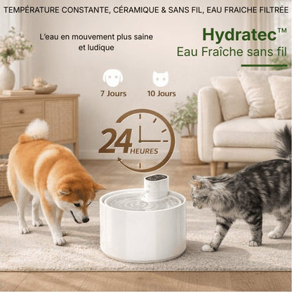 Fontaine pour chats céramique sans fil avec autonomie 7 à 10 pour chien et chat, eau en mouvement continue et filtrée - Hydratec™