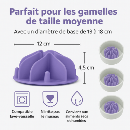 Schéma explicatif gamelle anti glouton chat BaseBowl™ violette et ses dimensions