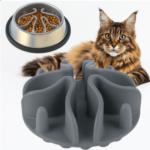 Maine coon avec une gamelle anti glouton chat BaseBowl™ grise en silicone