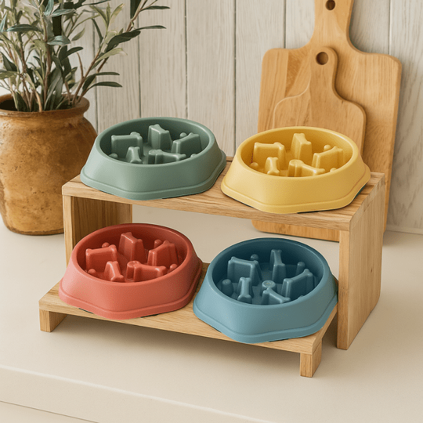 Gamelle anti glouton chat Break Bowl™ colorée en présentation étagère