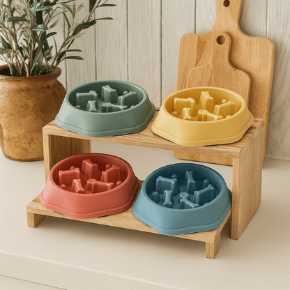 Gamelle anti glouton chat Break Bowl™ colorée en présentation étagère