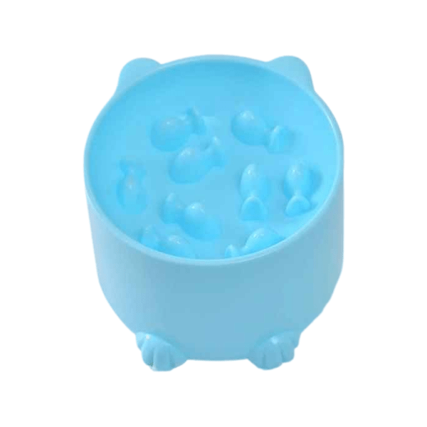 Gamelle anti glouton chat bleue avec labyrinthe en forme de poisson