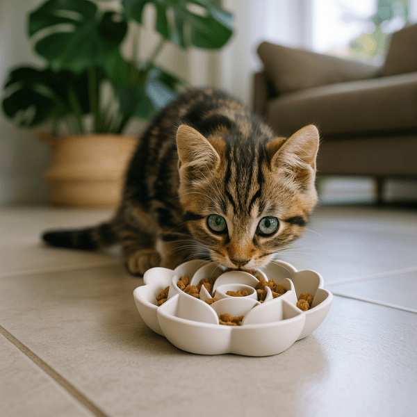 Chaton mangeant dans une gamelle anti glouton chat grise en silicone