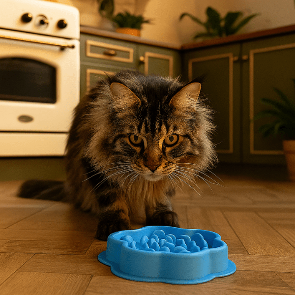 Maine coon utilisant une gamelle anti-glouton chat bleue SiliZen™ attendant repas