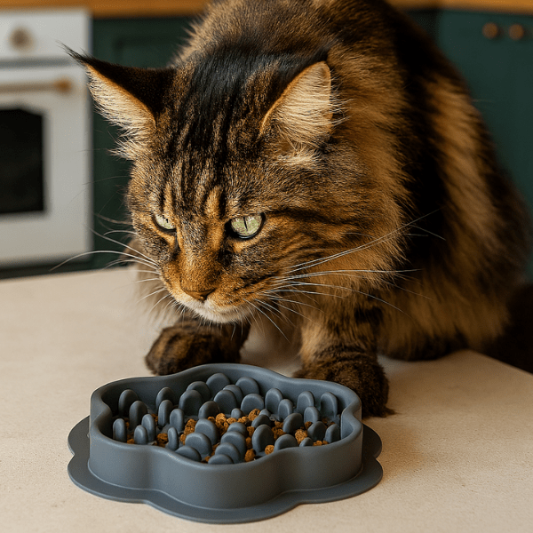 Maine coon mangeant dans une gamelle anti-glouton chat grise anti-vomissement