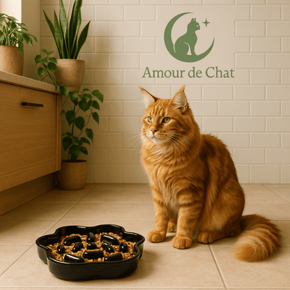 Chat utilisant une gamelle anti glouton chat en céramique stable 1,6kg
