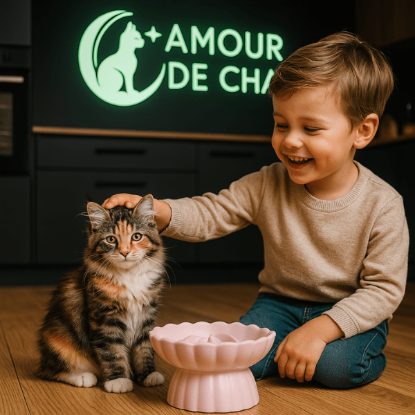 Chaton avec gamelle anti glouton chaton CéramWhisker™ rose surélevée