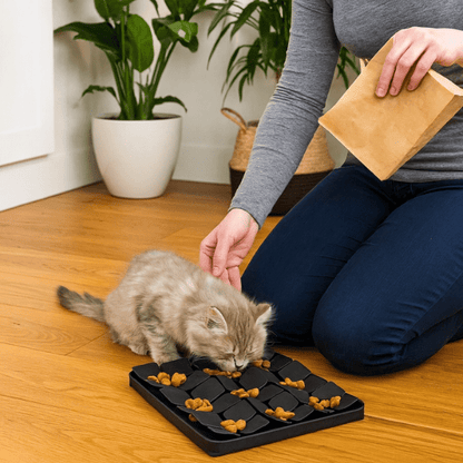 Femme donne repas chaton dans gamelle anti glouton chaton ludique MeowMeal™