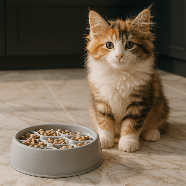 Chaton devant une gamelle anti glouton chaton QuickSlow™ grise en plastique PP