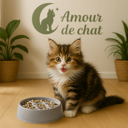 Chaton avec gamelle anti glouton chaton QuickSlow™ grise – alimentation lente