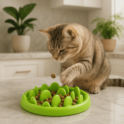 Chat gris devant une gamelle anti glouton verte PurrPause™