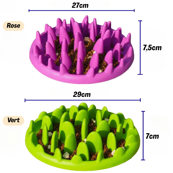 Gamelle anti glouton PurrPause™ rose et verte avec dimensions – ralentissement garanti