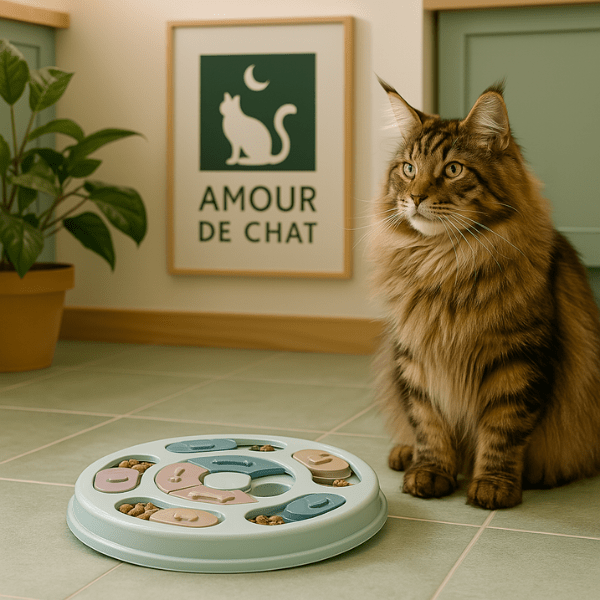 Gamelle anti glouton interactive avec maine coon dans cuisine Amour de Chat