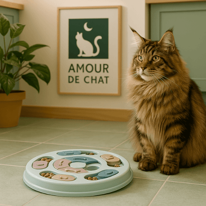 Gamelle anti glouton interactive avec maine coon dans cuisine Amour de Chat
