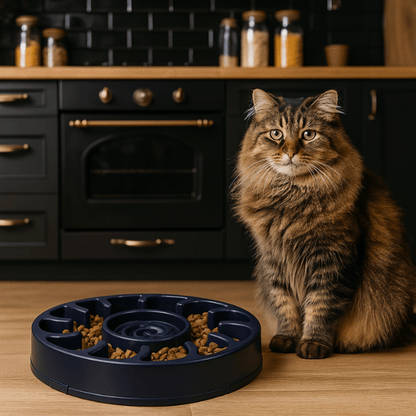 Maine Coon et une gamelle anti glouton avec réservoir d’eau intégré