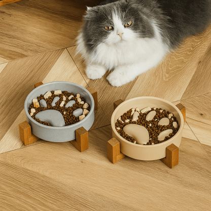 Chat et ZenCroquette™ – gamelle anti glouton présentée en situation