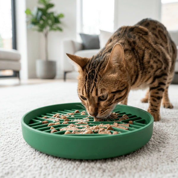 chat bengal mangeant dans gamelle anti gloutons chat pour éviter vomissements et suralimentation