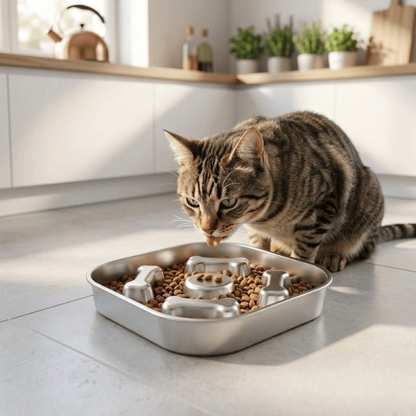 Chat européen utilisant une gamelle antiglouton inox carrée pour ralentir la prise de croquettes et prévenir les vomissements
