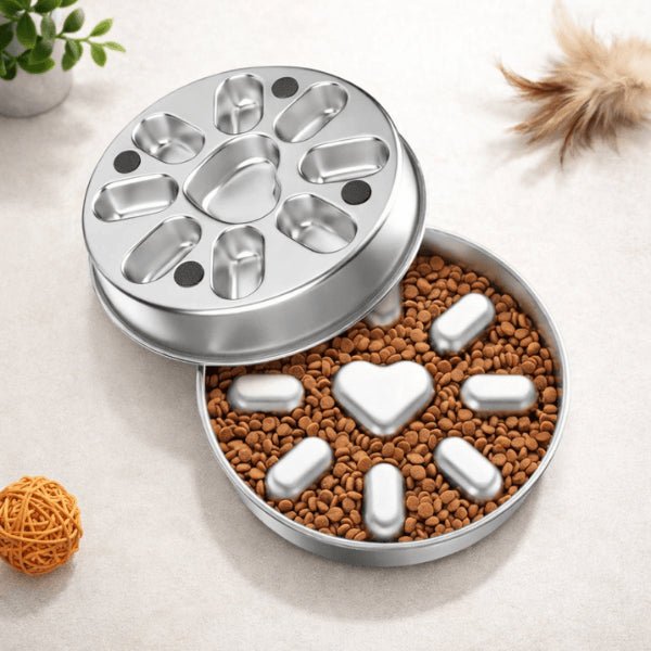 Gamelle antiglouton chat inox antidérapante double utilisation avec reliefs en plots et cœur pour ralentir le repas