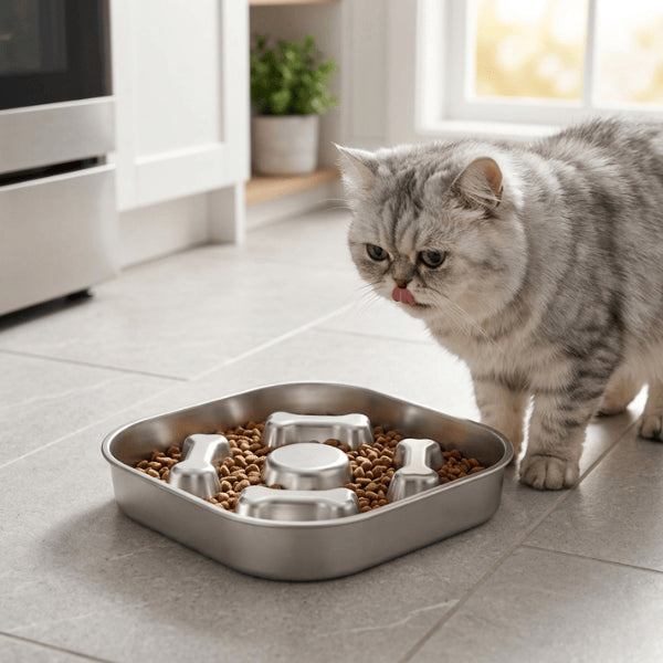 Gamelle antiglouton chat inox avec croquettes utilisée par un persan gris pour prévenir les troubles digestifs et l'obésité