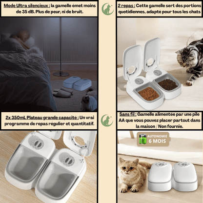 Gamelle automatique chat sans fil silencieuse 2en1 double repas 2x350 mL - Minute-Croq™