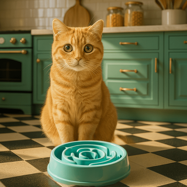 Chat devant une gamelle chat anti glouton Bowl Control™ bleu