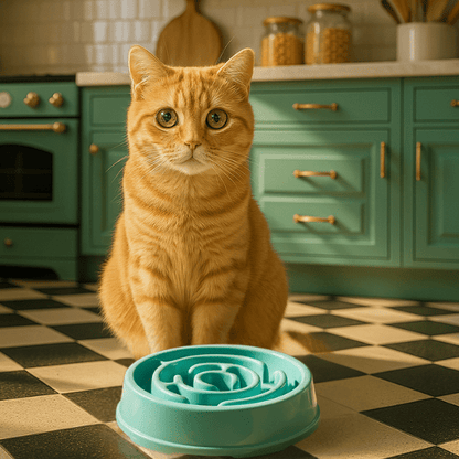 Chat devant une gamelle chat anti glouton Bowl Control™ bleu