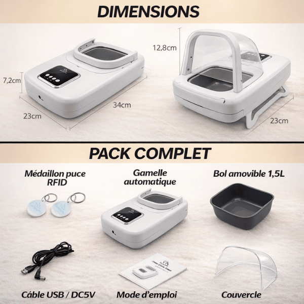 Gamelle chat automatique toutes options à puce pack complet et dimensions - Puce Motion+™