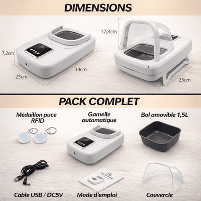 Gamelle chat automatique toutes options à puce pack complet et dimensions - Puce Motion+™