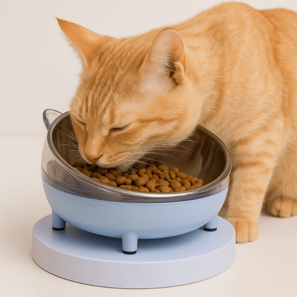 gamelle chat inclinée bleu ronde avec félin roux qui mange croquettes dans Moustache Bowl™