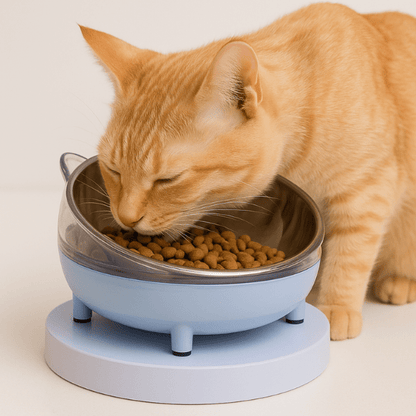 gamelle chat inclinée bleu ronde avec félin roux qui mange croquettes dans Moustache Bowl™