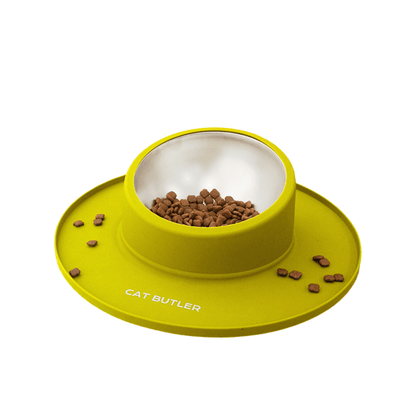 Gamelle chat anti débordement jaune silicone ronde bol inox croquettes - Bowl Clean™
