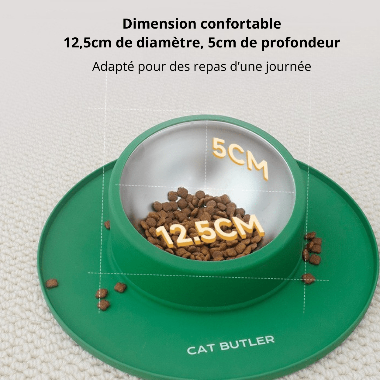 Gamelle chat anti debordement silicone antidérapante avec bol inox dimensions taille confort - Bowl Clean™