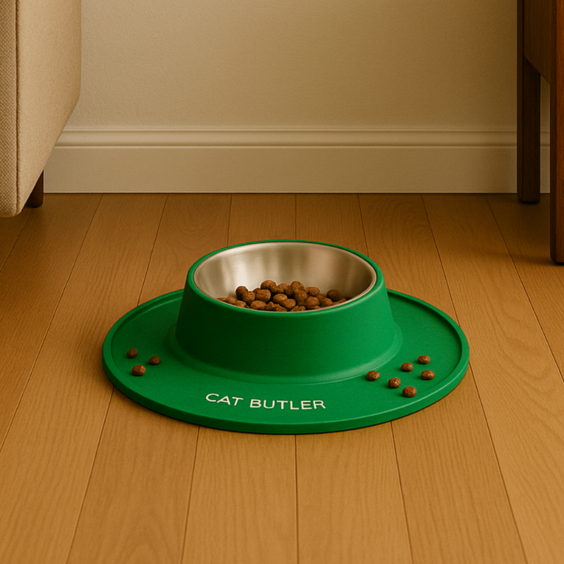 Gamelle chat anti débordement silicone 2en1 ronde verte avec croquettes dans bol amovible salon - Bowl Clean™