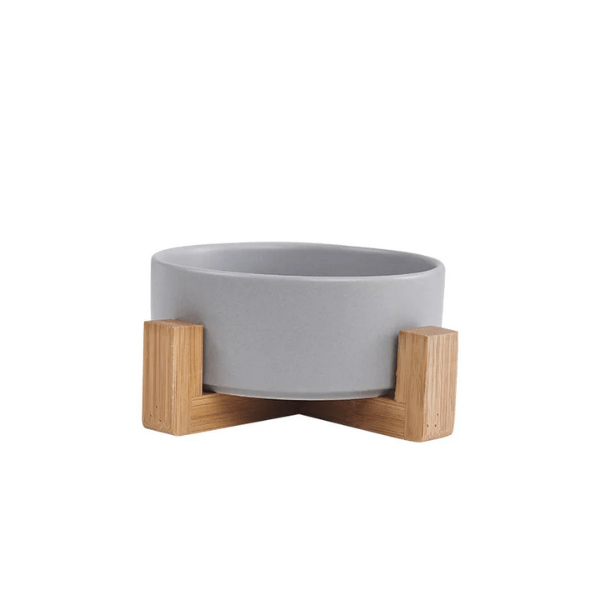 Gamelle chat ceramique ronde grise bol simple support bois naturel - CrocCat™