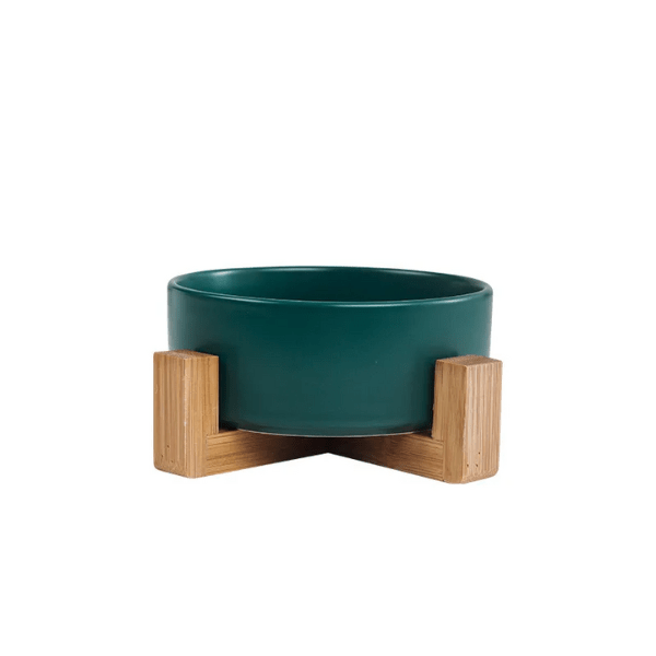 Gamelle chat ceramique ronde verte bol simple support bois naturel - CrocCat™