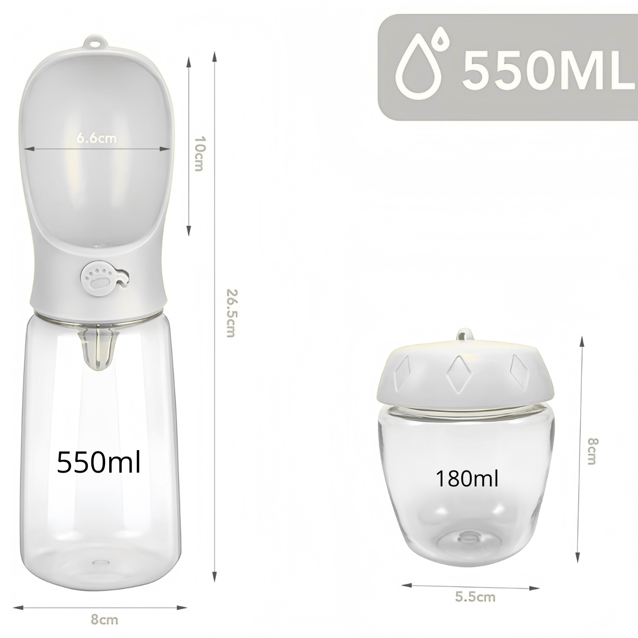 Gamelle chat portable 3en1 gourde grise 550 mL + boite croquettes 180 mL dimensions - Croq-Pocket™